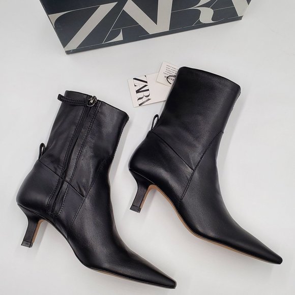Zara Black Leather Kitten Heel Booties - NWT - Picture 5 of 16